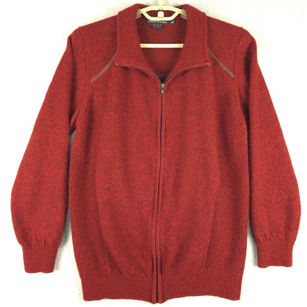 Evelyn Monteza Baby Alpaca Red Zip Front Cardigan Sweater Luxury Knitwear Large
